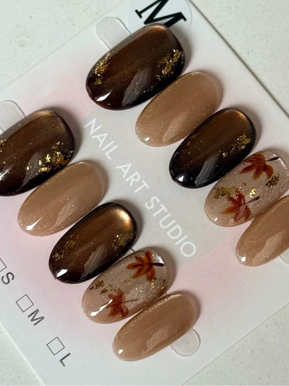 Neutral Brown & Gold Autumn Leaf Press-On Nail Set Fall Special Size M